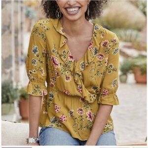 Floral Ruffle V-Neck Women's Top in Mustard